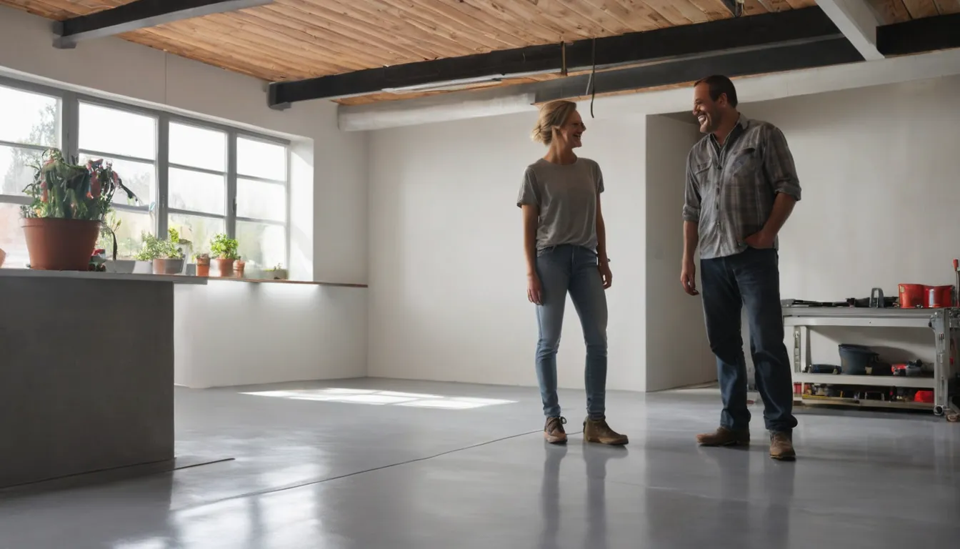A homeowner and a floor coating provider reviewing a freshly coated concrete floor in a Loomis home